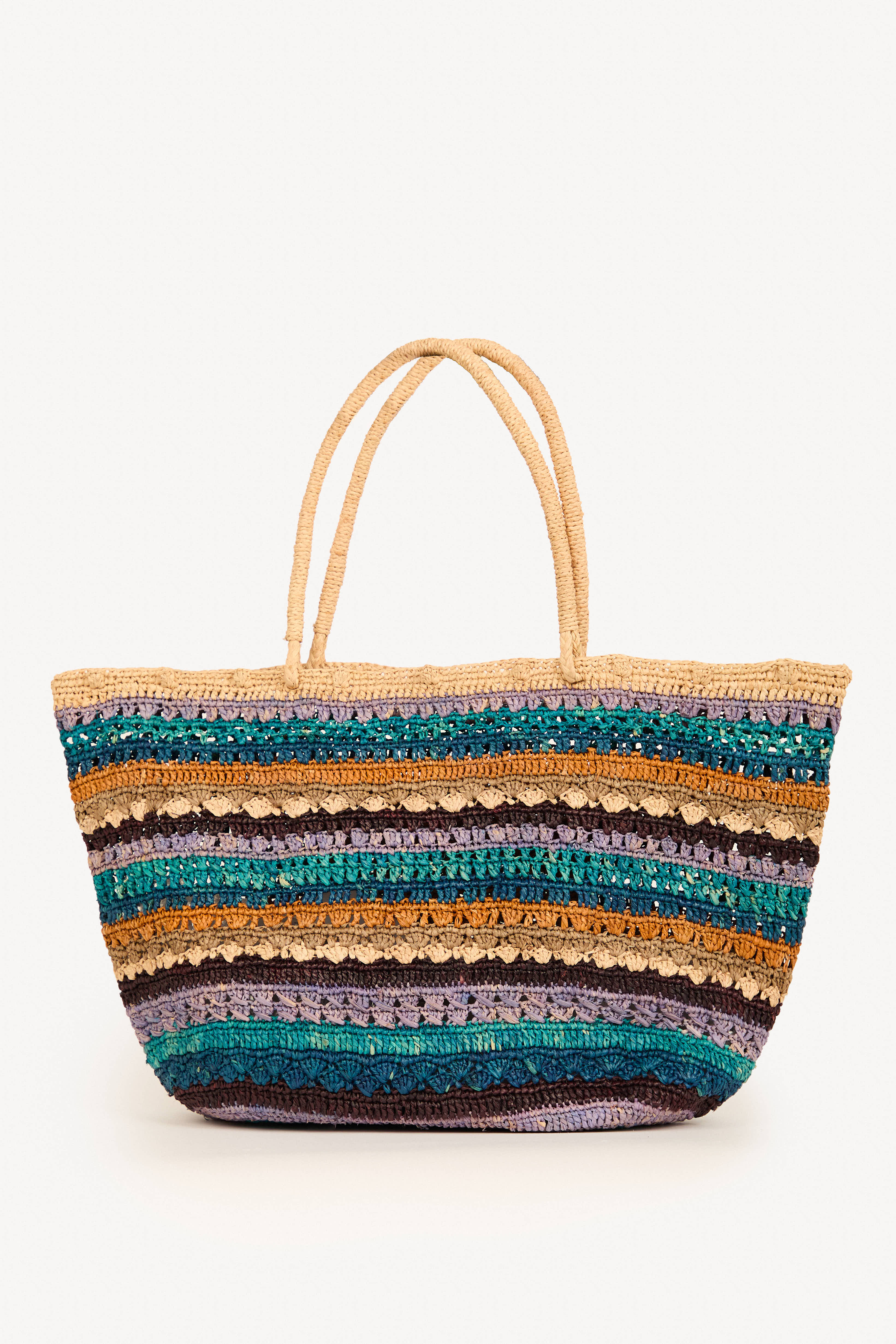 Handwoven raffia tote bag in blue striped pattern, handmade in Madagascar.