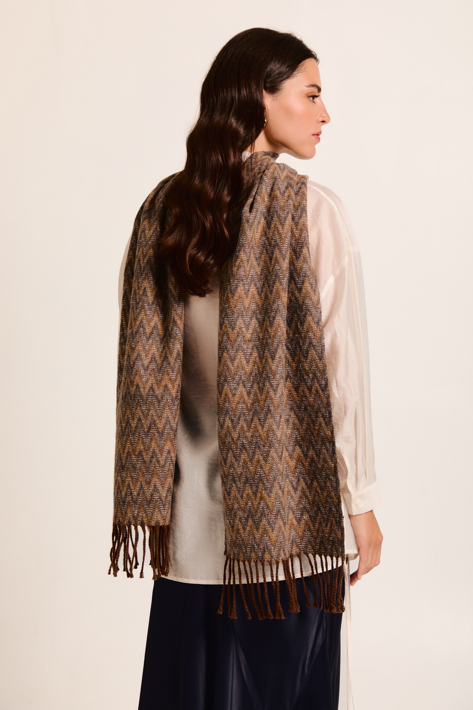 Model wearing a handmade scarf