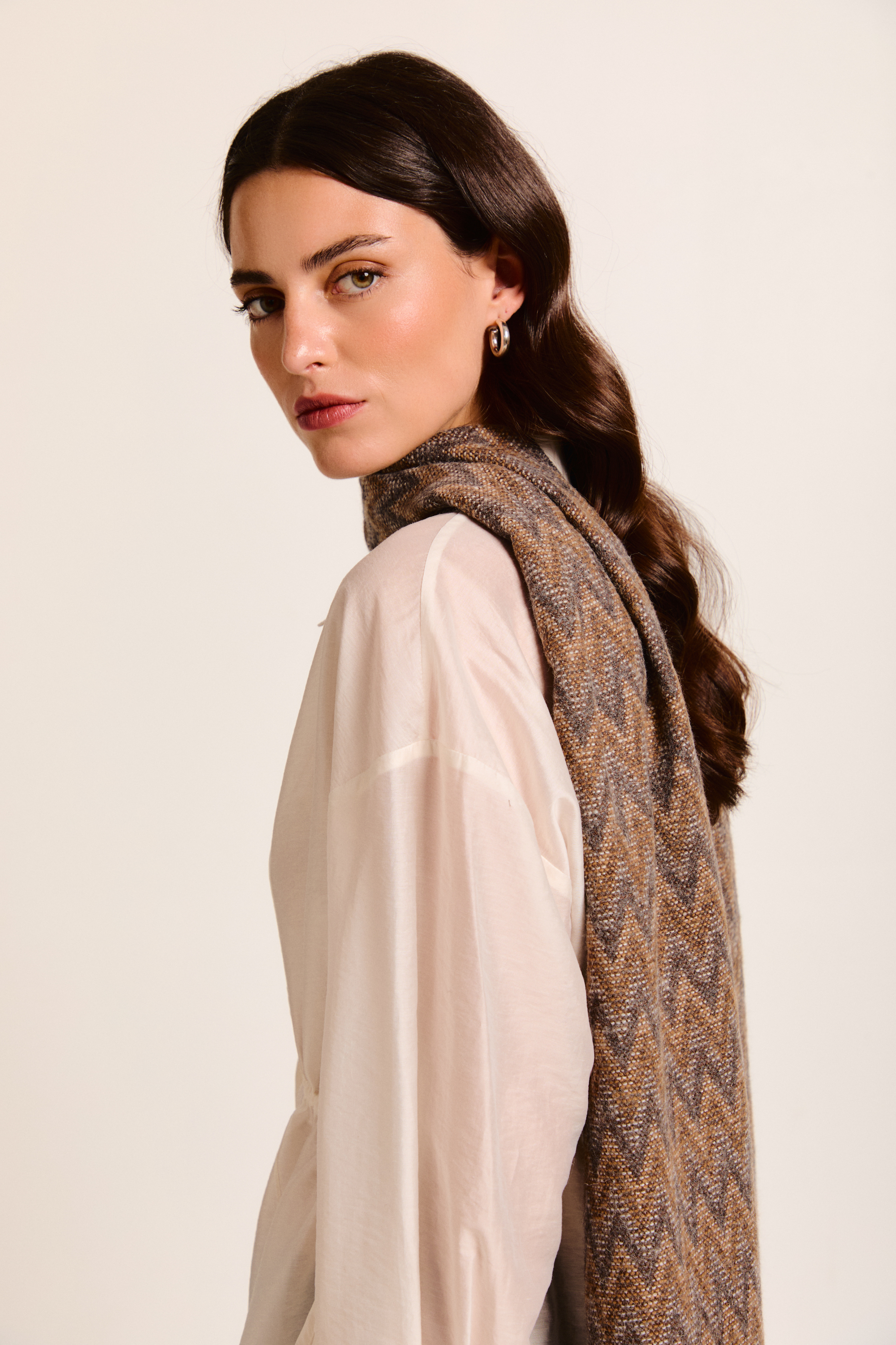 Model wearing a handmade scarf
