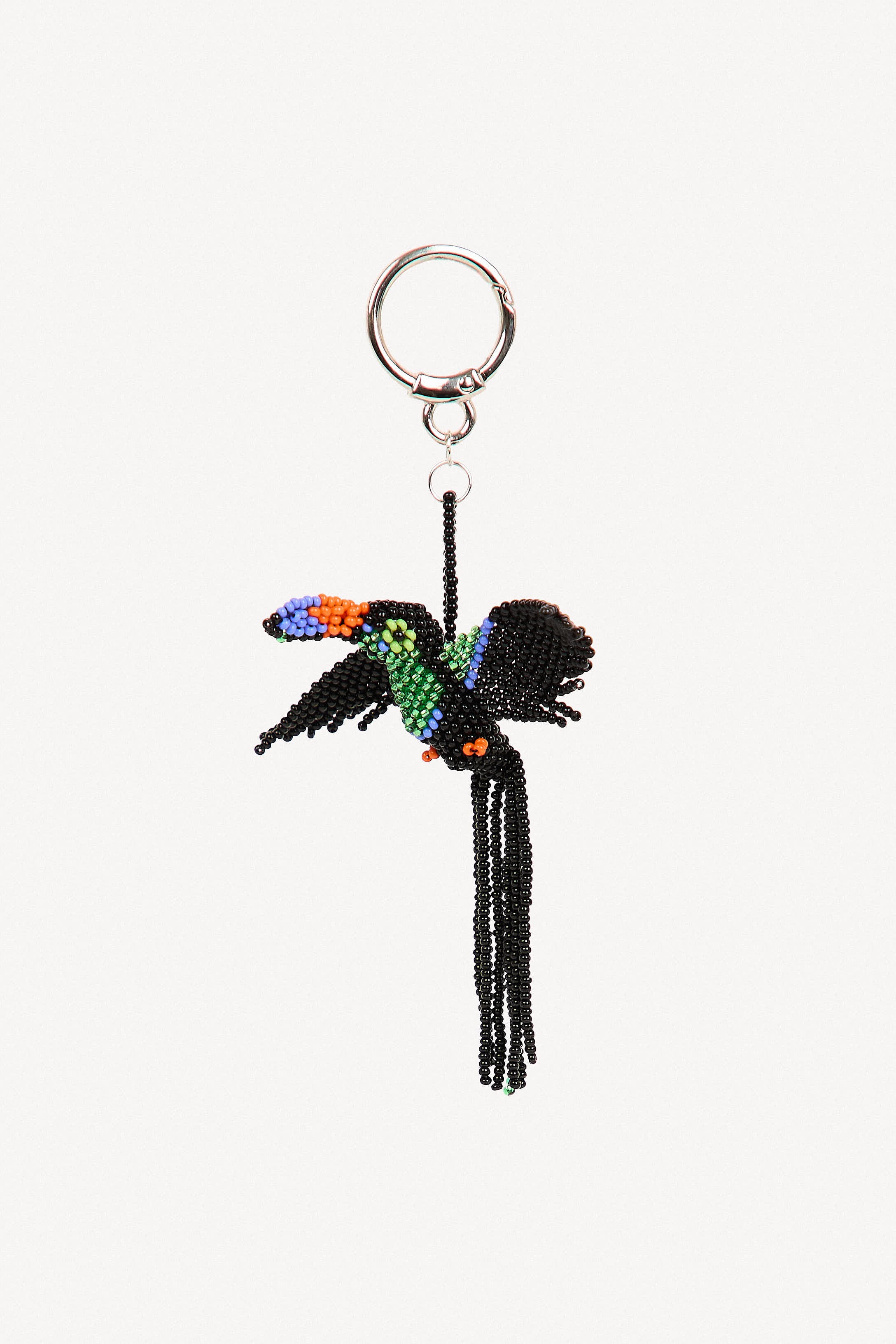 Handmade beaded toucan keychain with colorful beak, crafted in Colombia.