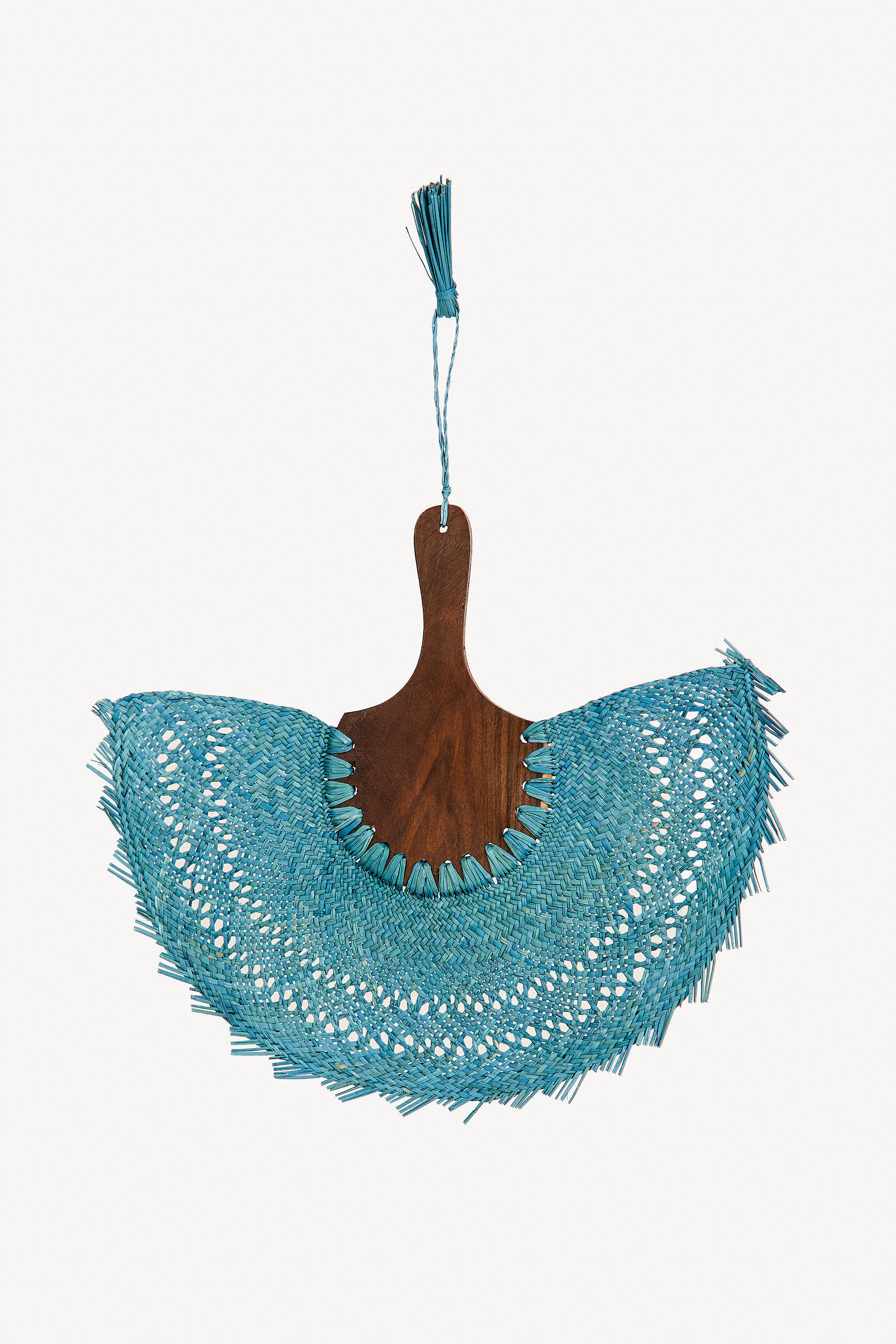 Handwoven jipijapa palm fan in blue tones with wooden handle, handmade in Mexico