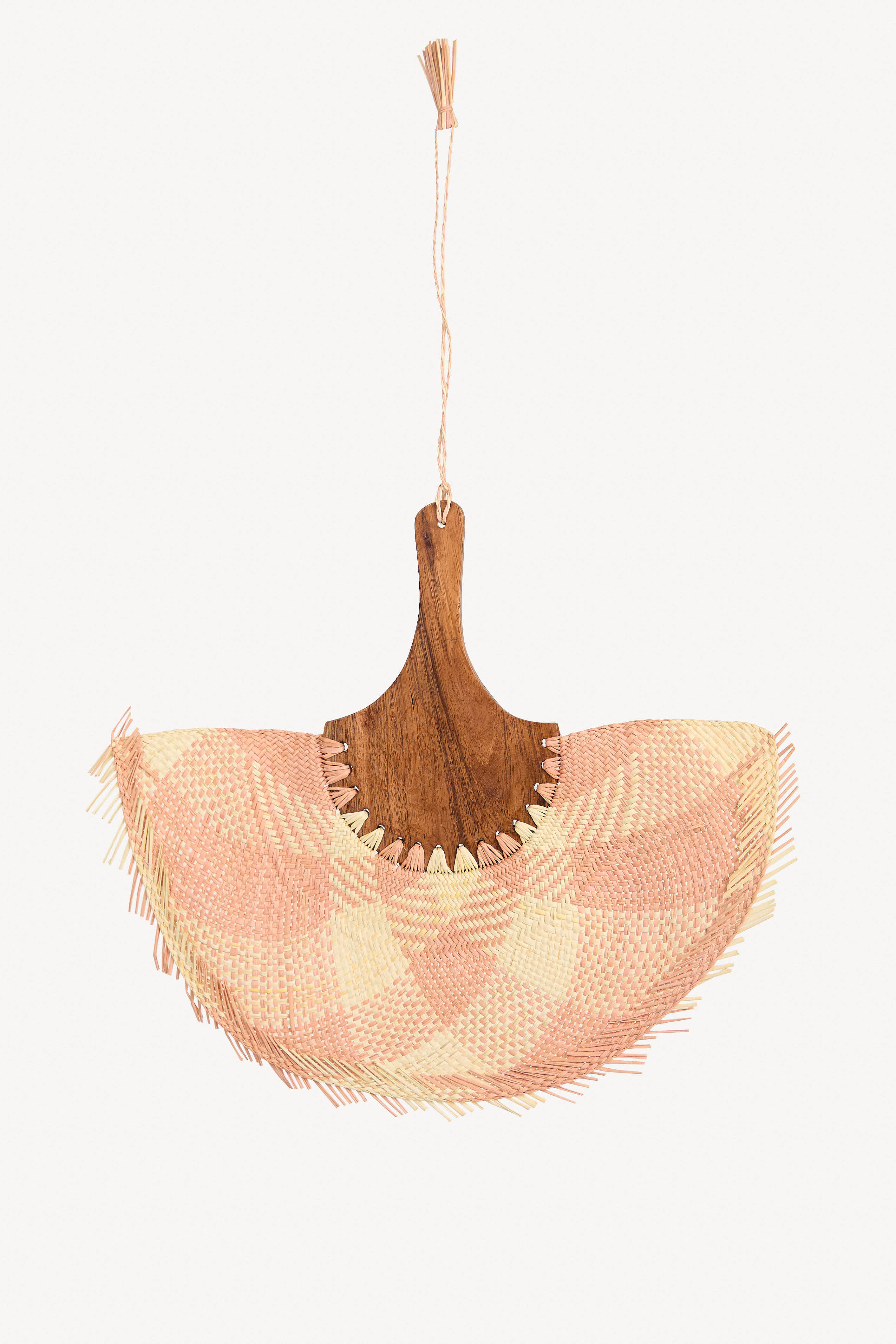 Handwoven jipijapa palm fan with pink accents and wooden handle, made in Mexico