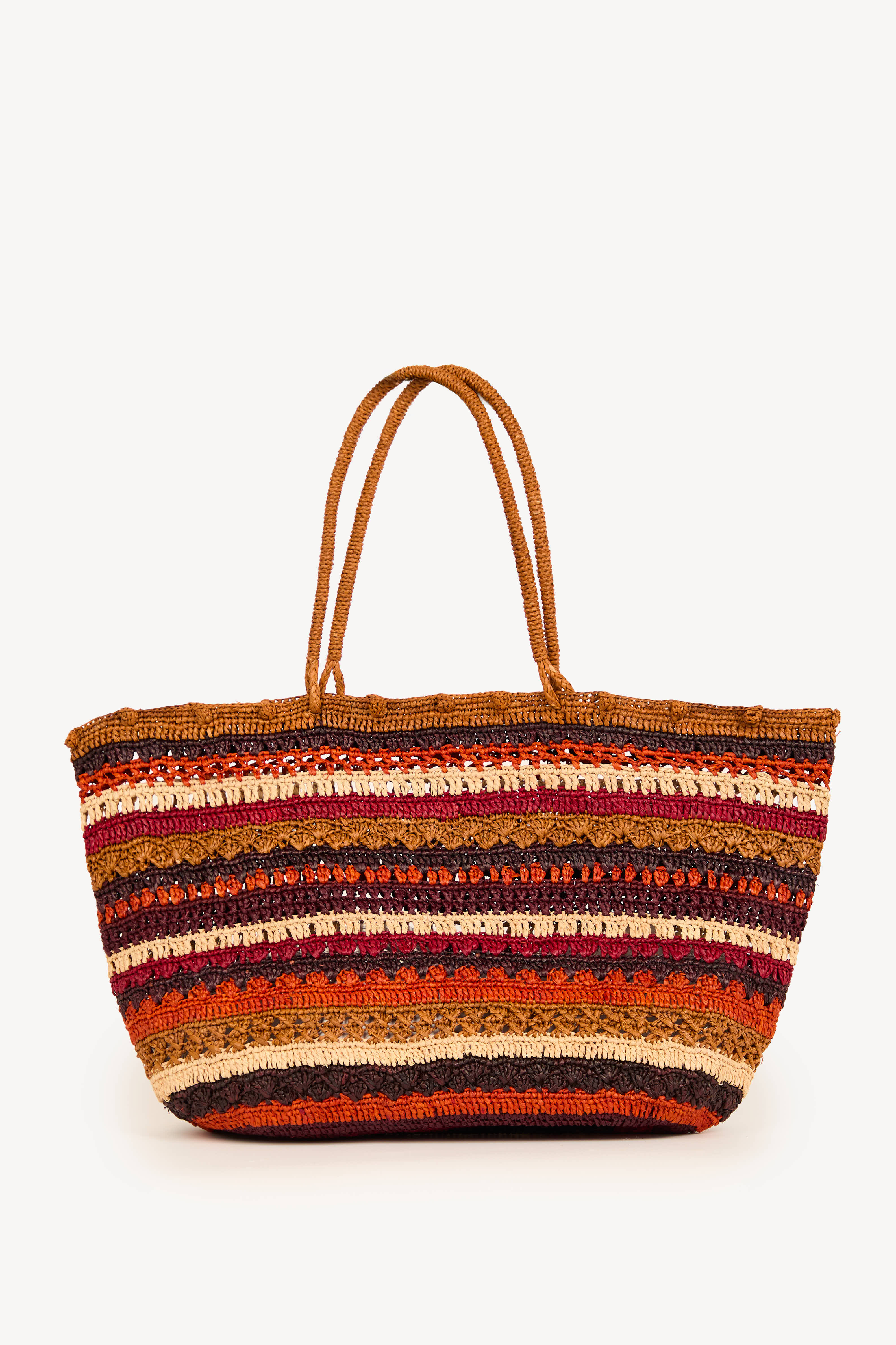 Handwoven raffia tote bag in terracotta striped pattern, handmade in Madagascar