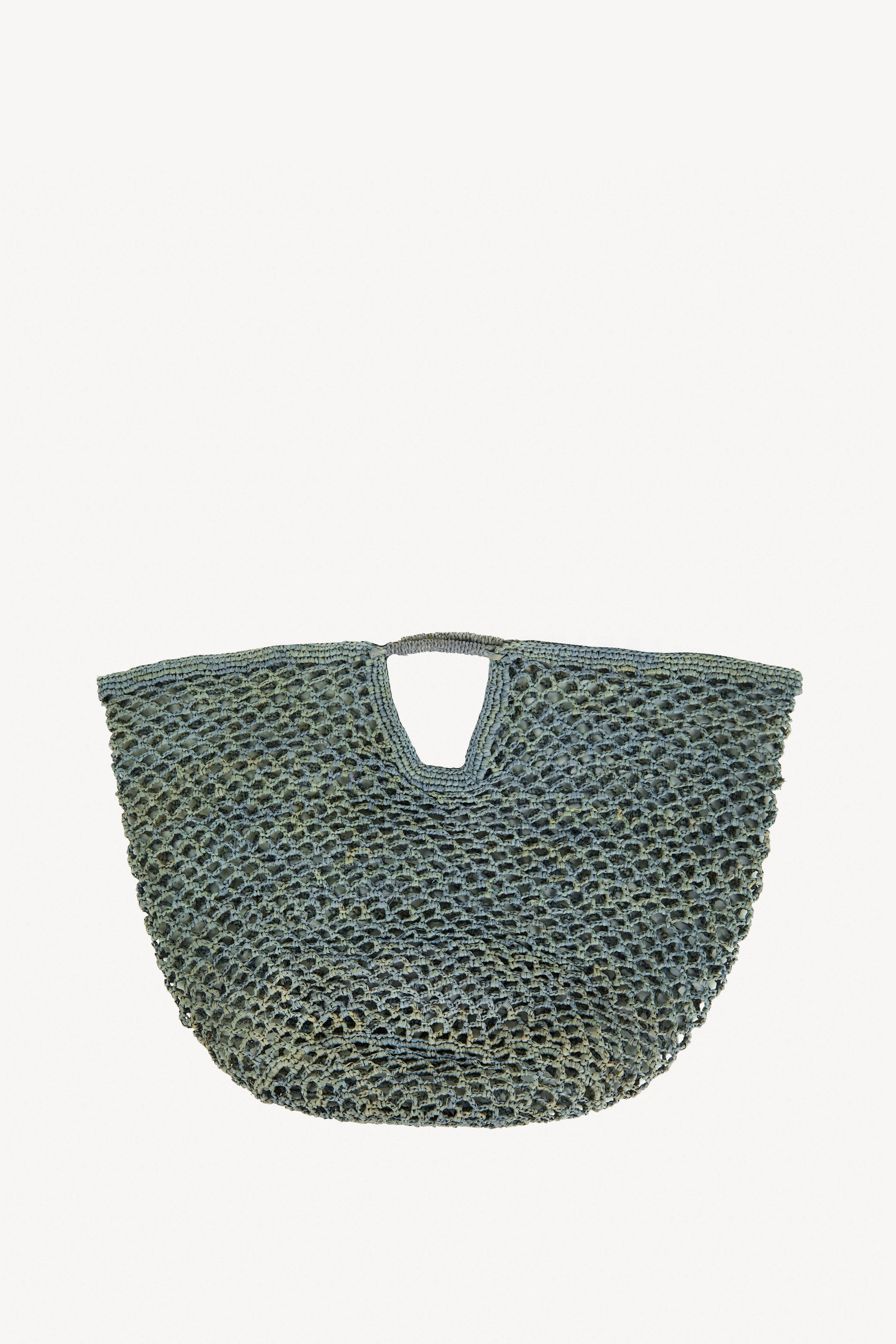 Lightweight dusty blue raffia handbag with open weave structure, handmade in Madagascar.